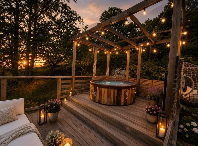 Altan med pergola och spabad i kvällsljus